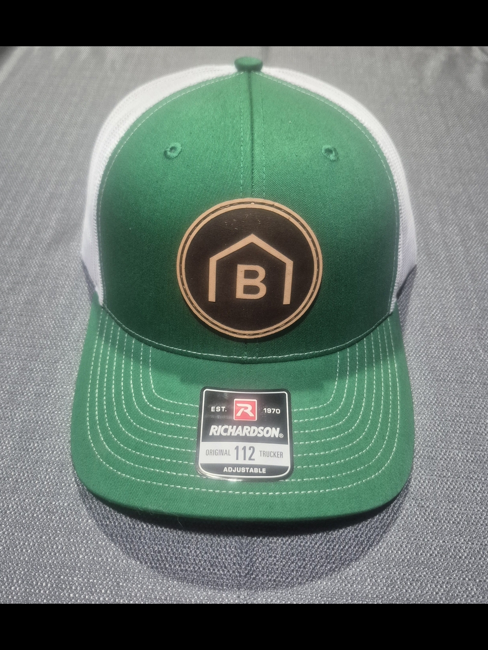 Richardson Green and White Trucker Hat with Embossed 'B' Logo